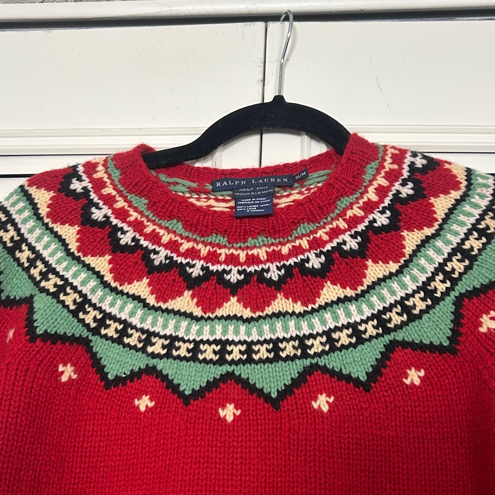 Ralph Lauren MED Red/Green hand knit Fair Isle 100% lambs wool Sweater - Picture 5 of 11
